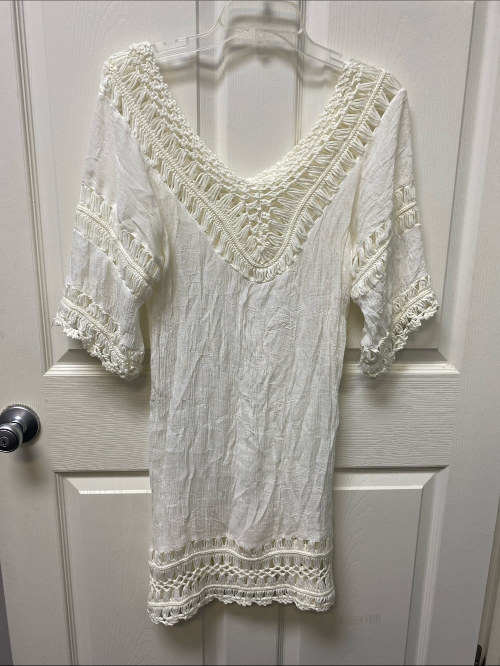 Boho Crochet Trim V-Neck Tunic Dress - Cream